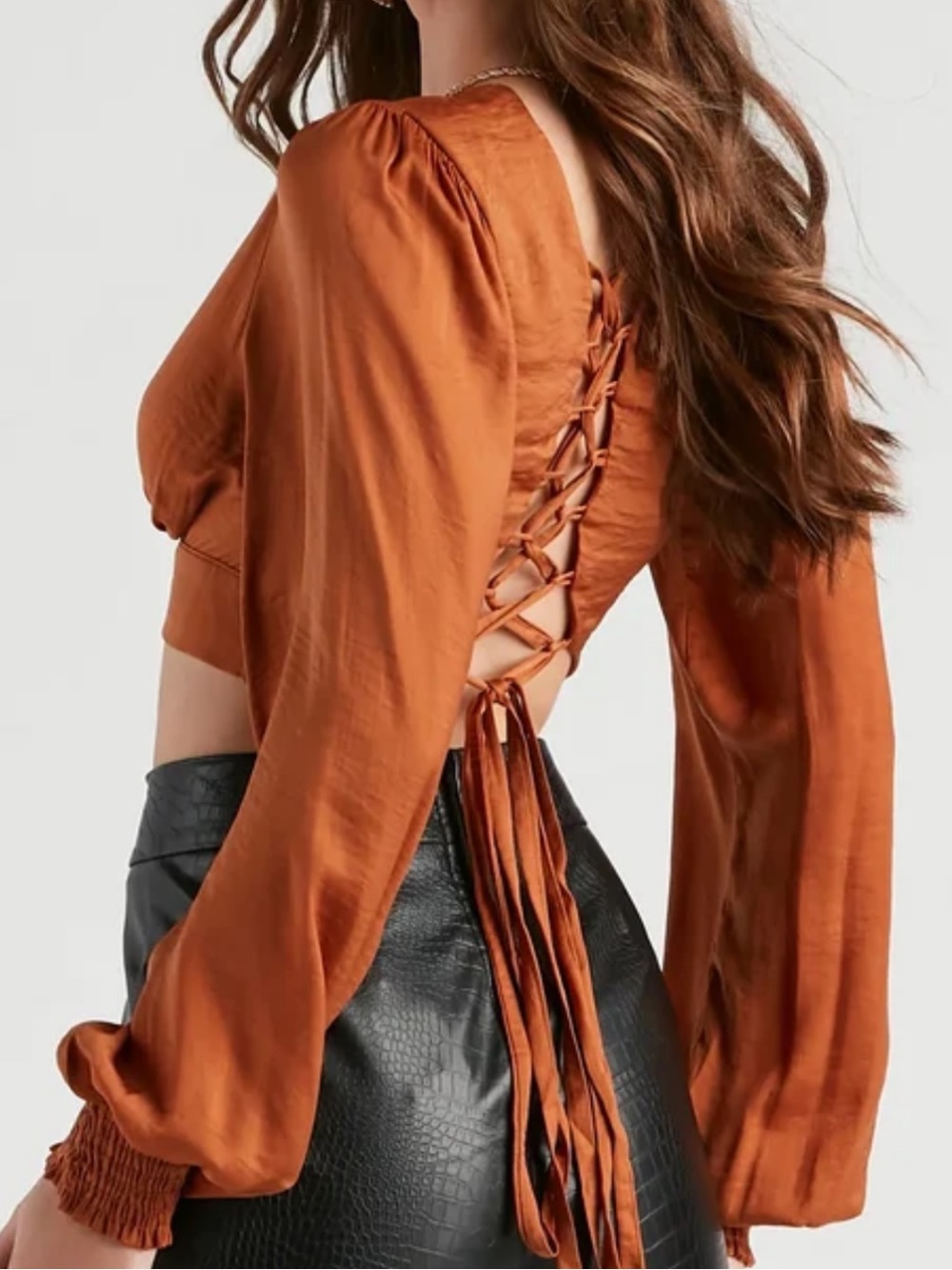 Windsor Rust Brown Satin Crop Top Medium Lace Up Back Balloon Sleeve Fall Boho